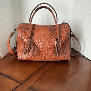 Noonday Collection Monterey Woven Leather Satchel Cognac Brown Crossbody Tassel